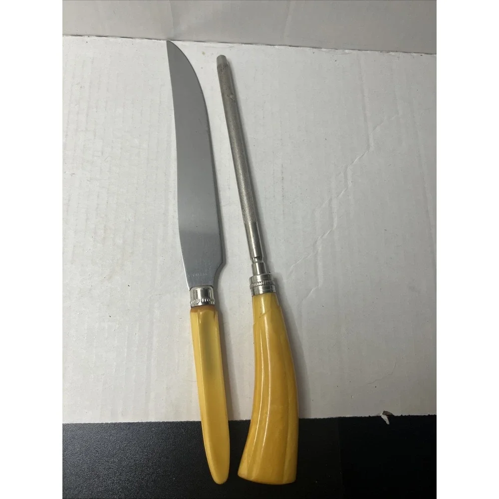 2 Vintage Butterscotch Bakelite Handle Carving Knife & Sharpener 12